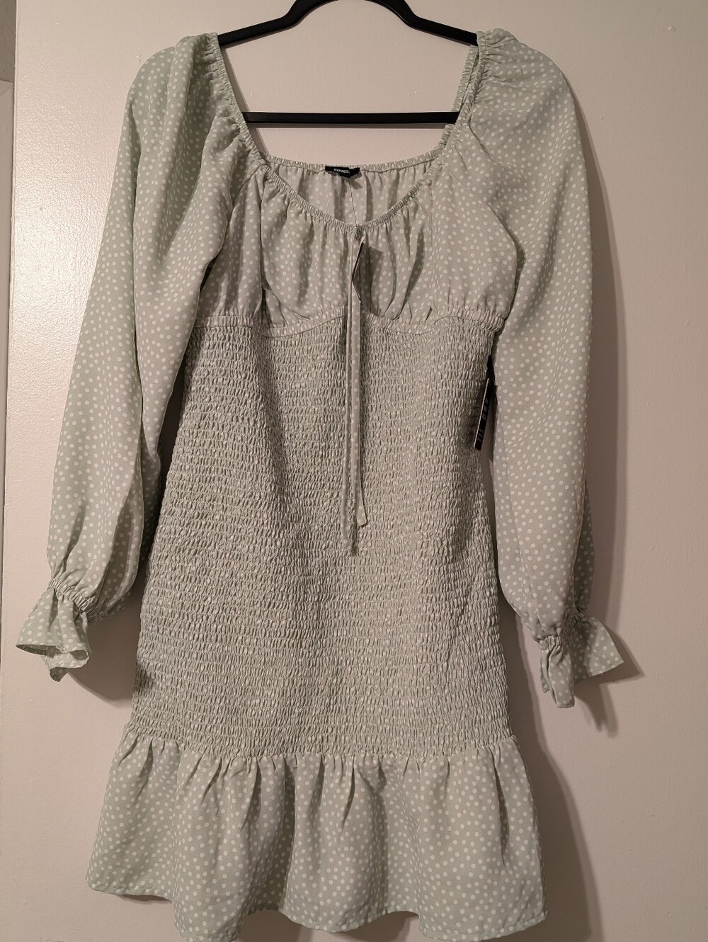 Express Mint Green Polka Dot Smocked Long-Sleeve Mini Dress